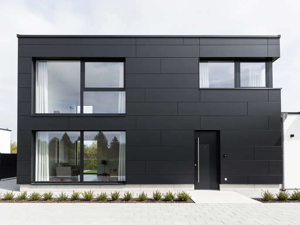 Maison contemporaine en bardage composite anthracite sur isolation des murs