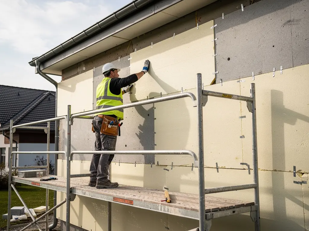 Pose de panneaux isolants rigides sur un mur de façade depuis l'échafaudage