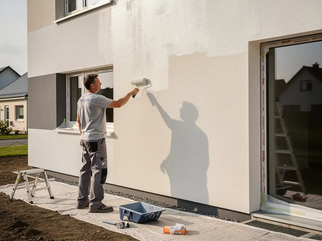 Ravalement de façade en cours, application de peinture claire au rouleau
